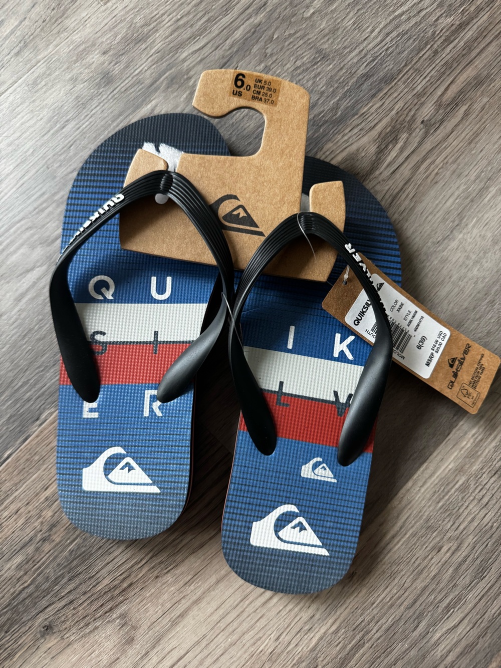 Quiksilver Blue, Red & White Striped Flip-Flop Sandals